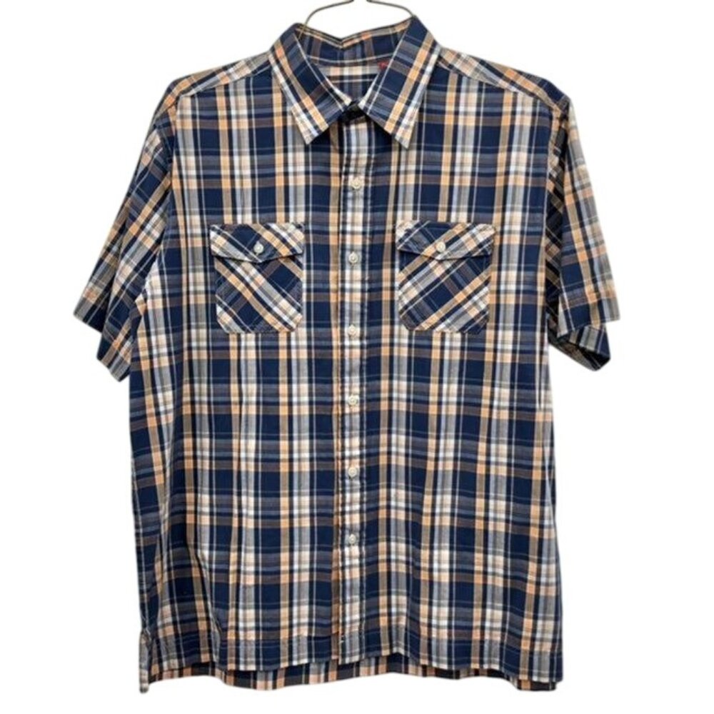 IZOD Shirt Mens L Used Blue Plaid Button Front Luxury Sport
